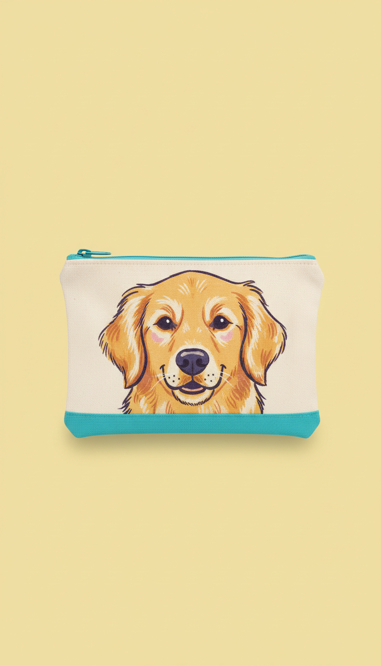 Canvas pouch with aqua trim and personalized dog illustration